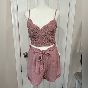 Blashe Blush pink crochet top and paper bag shorts set size L